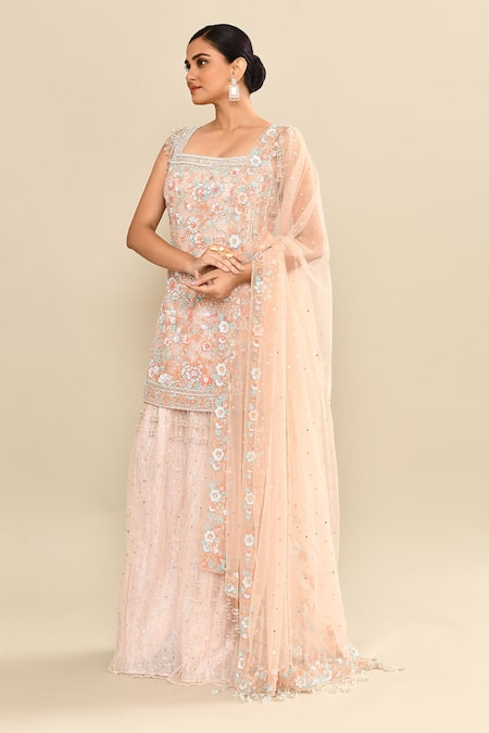 Shop_Kalighata_Pink Net Embroidery, Sequins Square Neck Floral Cutdana Kurta Sharara Set _Online_at_Aza_Fashions