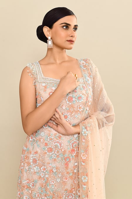 Kalighata_Pink Net Embroidery, Sequins Square Neck Floral Cutdana Kurta Sharara Set _at_Aza_Fashions