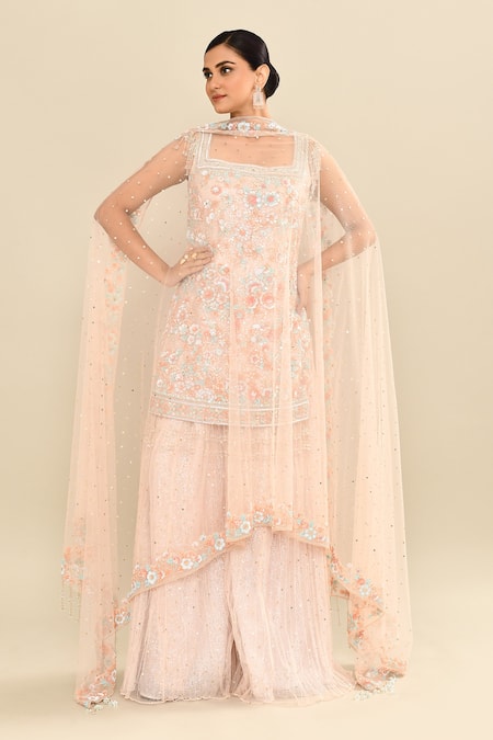 Buy_Kalighata_Pink Net Embroidery, Sequins Square Neck Floral Cutdana Kurta Sharara Set 