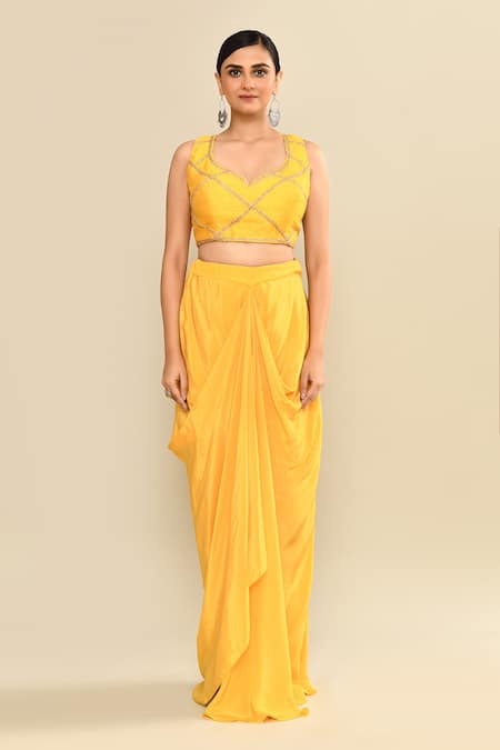 Buy_Kalighata_Yellow Organza Sequins, Embroidery Open Neck, Polo Hand Jacket Dhoti Set _Online_at_Aza_Fashions