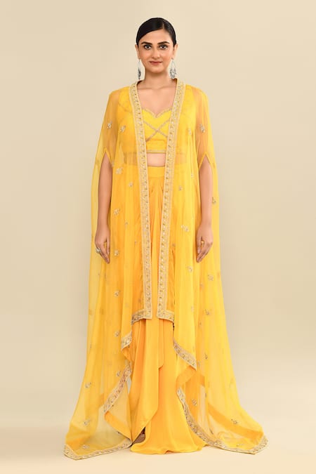 Shop_Kalighata_Yellow Organza Sequins, Embroidery Open Neck, Polo Hand Jacket Dhoti Set _Online_at_Aza_Fashions