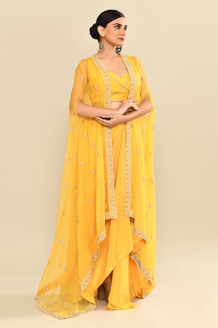 Kalighata_Yellow Organza Sequins, Embroidery Open Neck, Polo Hand Jacket Dhoti Set _at_Aza_Fashions