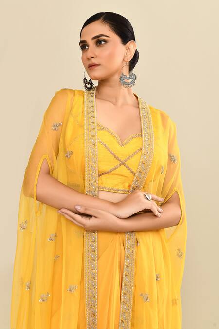 Buy_Kalighata_Yellow Organza Sequins, Embroidery Open Neck, Polo Hand Jacket Dhoti Set 