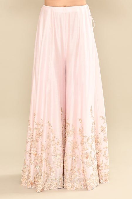 Kalighata_Pink Chanderi Sequins, Cut Work Floral Embroidered Kurta Sharara Set _Online_at_Aza_Fashions