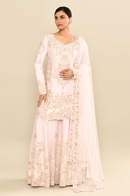 Shop_Kalighata_Pink Chanderi Sequins, Cut Work Floral Embroidered Kurta Sharara Set _Online_at_Aza_Fashions