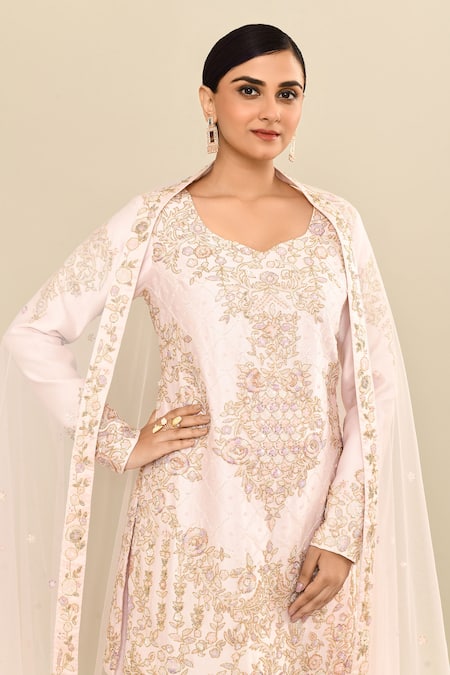 Kalighata_Pink Chanderi Sequins, Cut Work Floral Embroidered Kurta Sharara Set _at_Aza_Fashions