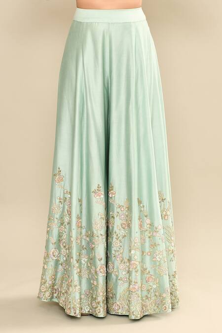 Kalighata_Aqua Chanderi Sequins, Cut Work, Embroidery Floral Cutdana Kurta Sharara Set _Online_at_Aza_Fashions