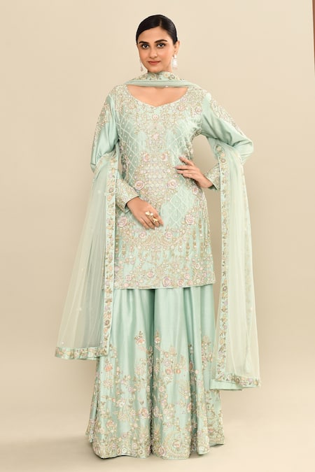 Buy_Kalighata_Aqua Chanderi Sequins, Cut Work, Embroidery Floral Cutdana Kurta Sharara Set _Online_at_Aza_Fashions