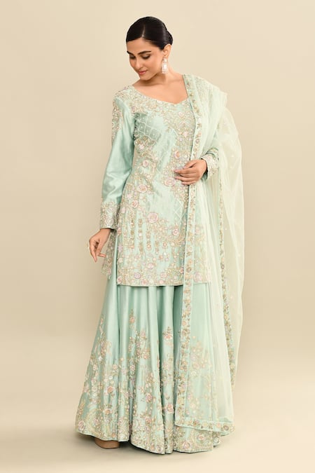 Shop_Kalighata_Aqua Chanderi Sequins, Cut Work, Embroidery Floral Cutdana Kurta Sharara Set _Online_at_Aza_Fashions