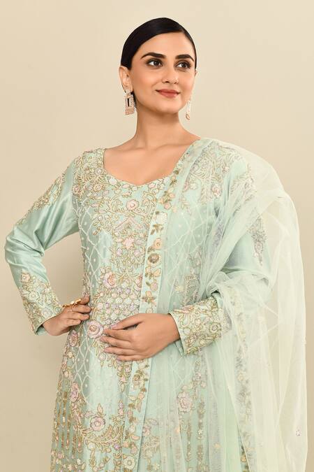 Kalighata_Aqua Chanderi Sequins, Cut Work, Embroidery Floral Cutdana Kurta Sharara Set _at_Aza_Fashions