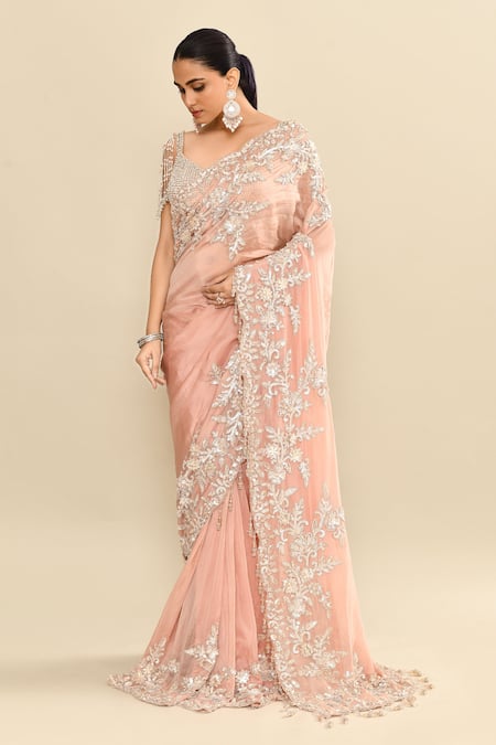 Kalighata_Silver Organza Sequins, Beads, Cut Work, Embroidery Floral Peach Saree Set _Online_at_Aza_Fashions