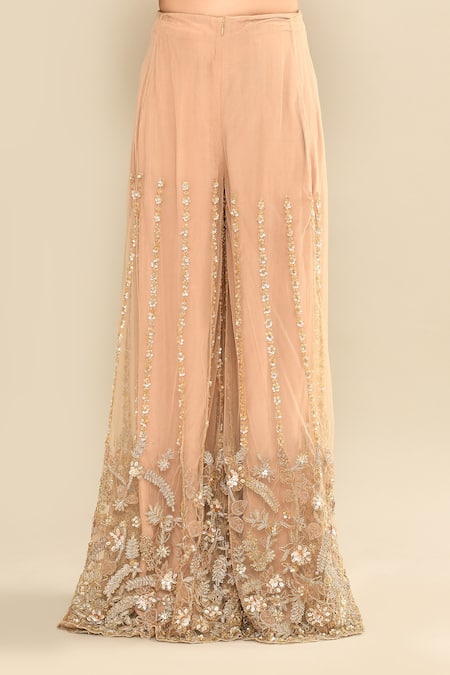 Kalighata_Gold Net Sequins, Cut Work Polo Collar Floral Embroidered Tunic And Sharara Set _Online_at_Aza_Fashions