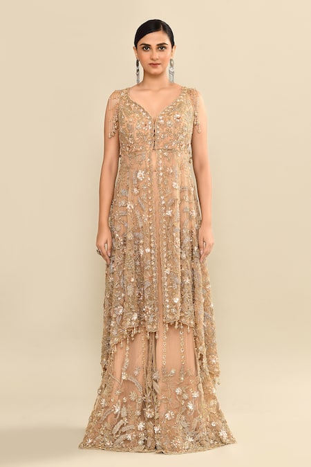 Buy_Kalighata_Gold Net Sequins, Cut Work Polo Collar Floral Embroidered Tunic And Sharara Set _Online_at_Aza_Fashions