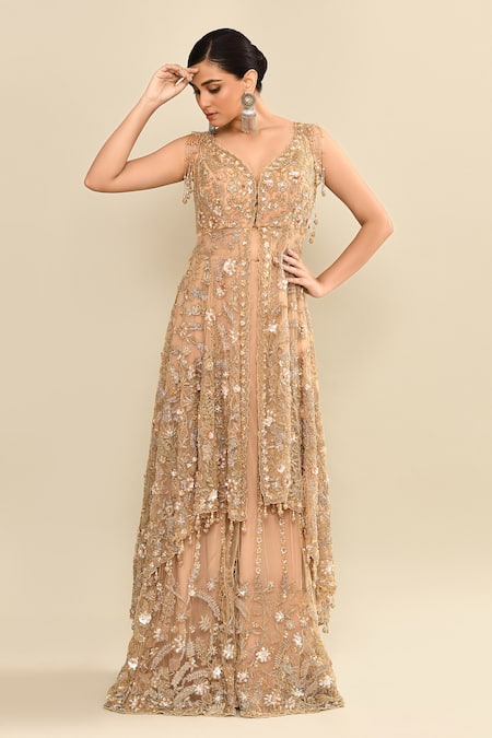 Shop_Kalighata_Gold Net Sequins, Cut Work Polo Collar Floral Embroidered Tunic And Sharara Set _Online_at_Aza_Fashions