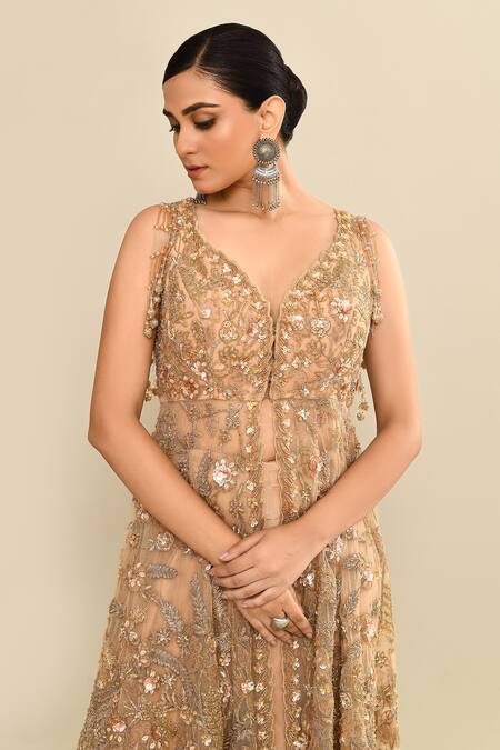Shop_Kalighata_Gold Net Sequins, Cut Work Polo Collar Floral Embroidered Tunic And Sharara Set 