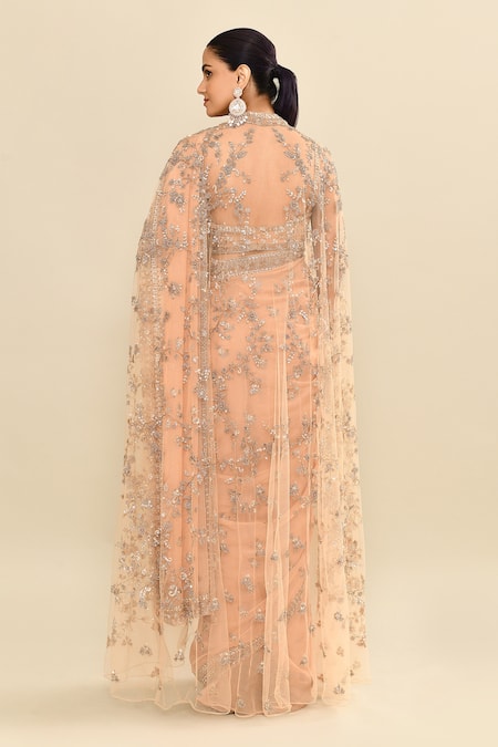 Kalighata Rose Gold Floral Embroidered Saree & Cape Set 