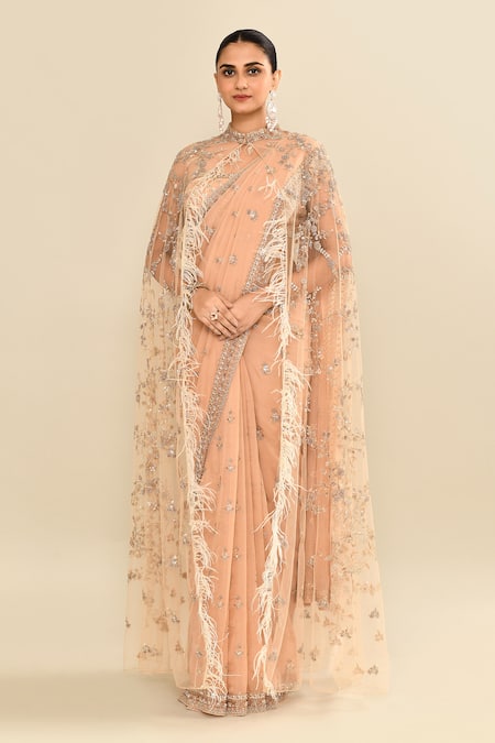 Kalighata_Rose Gold Organza Sequins, Cut Work, Embroidery Square Floral Saree And Cape Set _Online_at_Aza_Fashions
