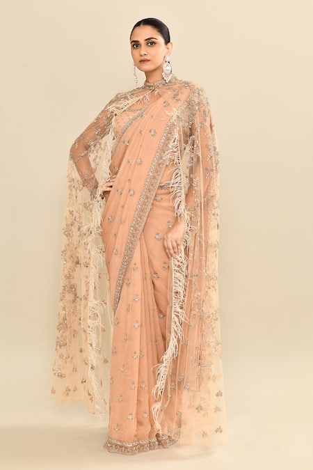Buy_Kalighata_Rose Gold Organza Sequins, Cut Work, Embroidery Square Floral Saree And Cape Set _Online_at_Aza_Fashions
