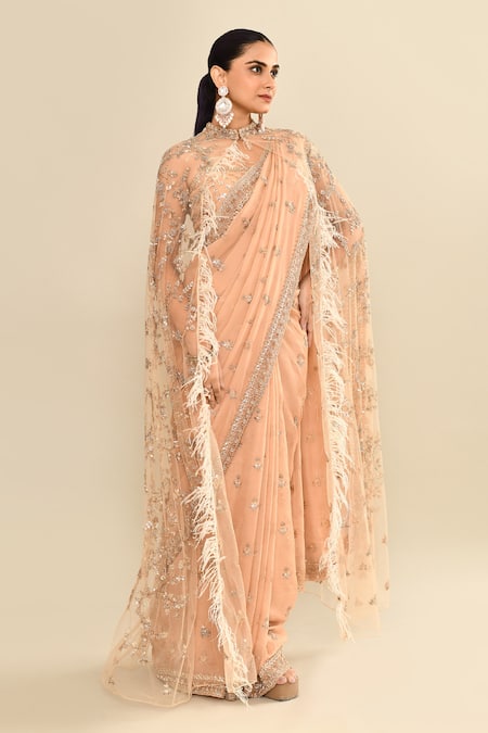 Kalighata_Rose Gold Organza Sequins, Cut Work, Embroidery Square Floral Saree And Cape Set _at_Aza_Fashions