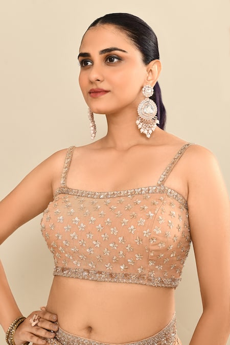 Shop_Kalighata_Rose Gold Organza Sequins, Cut Work, Embroidery Square Floral Saree And Cape Set 