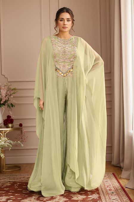 Kalighata Floral Embroidered Cape Set With Palazzo 