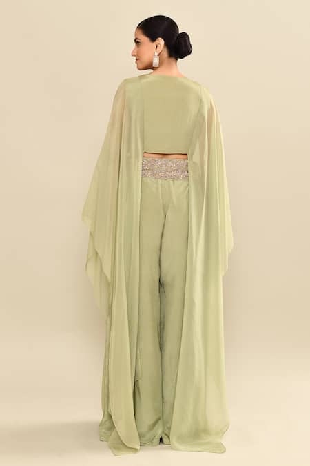 Shop_Kalighata_Green Silk Sequins, Embroidery Floral Cape Set With Palazzo _at_Aza_Fashions