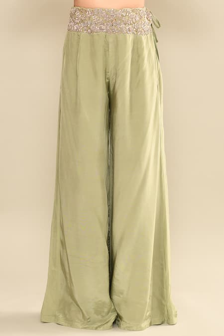 Kalighata_Green Silk Sequins, Embroidery Floral Cape Set With Palazzo _Online_at_Aza_Fashions