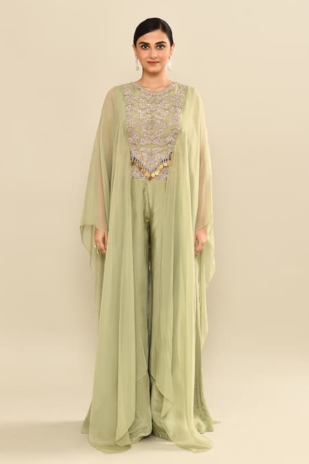 Buy_Kalighata_Green Silk Sequins, Embroidery Floral Cape Set With Palazzo _Online_at_Aza_Fashions