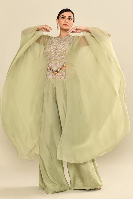 Shop_Kalighata_Green Silk Sequins, Embroidery Floral Cape Set With Palazzo _Online_at_Aza_Fashions