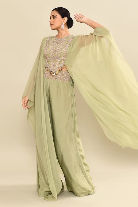 Kalighata_Green Silk Sequins, Embroidery Floral Cape Set With Palazzo _at_Aza_Fashions