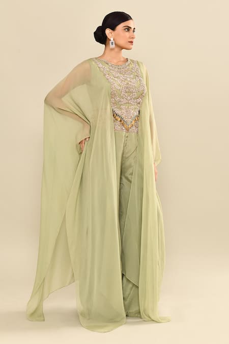 Buy_Kalighata_Green Silk Sequins, Embroidery Floral Cape Set With Palazzo 