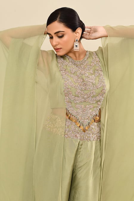 Shop_Kalighata_Green Silk Sequins, Embroidery Floral Cape Set With Palazzo 