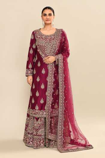 Kalighata_Wine Chanderi Sequins, Cut Work Round Neck Floral Embroidered Kurta Sharara Set _Online_at_Aza_Fashions