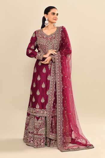 Buy_Kalighata_Wine Chanderi Sequins, Cut Work Round Neck Floral Embroidered Kurta Sharara Set _Online_at_Aza_Fashions