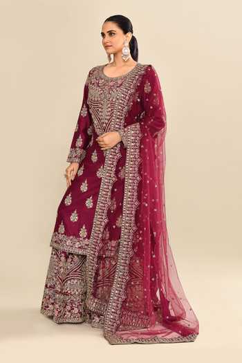 Shop_Kalighata_Wine Chanderi Sequins, Cut Work Round Neck Floral Embroidered Kurta Sharara Set _Online_at_Aza_Fashions