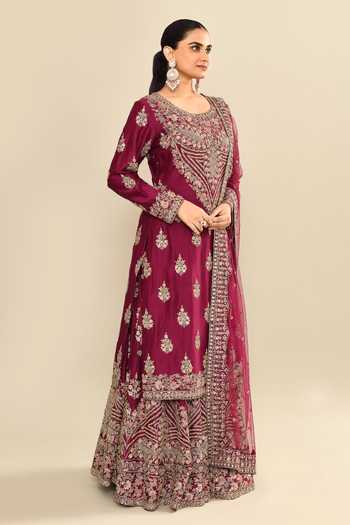Kalighata_Wine Chanderi Sequins, Cut Work Round Neck Floral Embroidered Kurta Sharara Set _at_Aza_Fashions