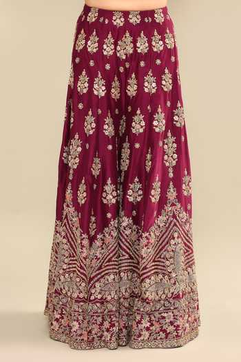 Buy_Kalighata_Wine Chanderi Sequins, Cut Work Round Neck Floral Embroidered Kurta Sharara Set 