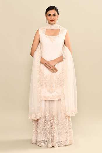 Buy_Kalighata_Pink Organza Sequins, Cut Work Square Neck Embroidered Kurta Sharara Set _Online_at_Aza_Fashions