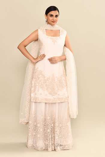 Shop_Kalighata_Pink Organza Sequins, Cut Work Square Neck Embroidered Kurta Sharara Set _Online_at_Aza_Fashions