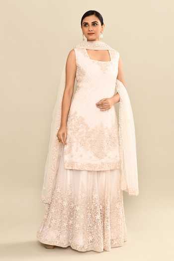 Kalighata_Pink Organza Sequins, Cut Work Square Neck Embroidered Kurta Sharara Set _at_Aza_Fashions