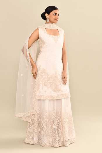 Buy_Kalighata_Pink Organza Sequins, Cut Work Square Neck Embroidered Kurta Sharara Set 