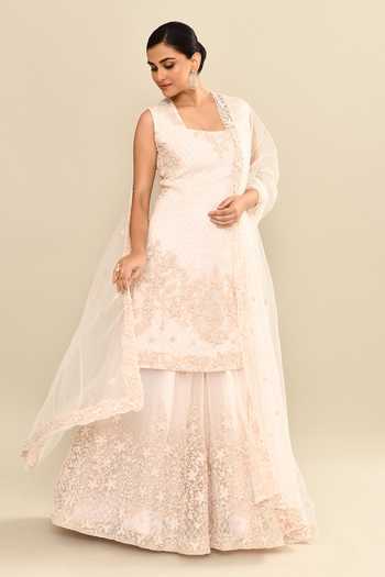 Shop_Kalighata_Pink Organza Sequins, Cut Work Square Neck Embroidered Kurta Sharara Set 