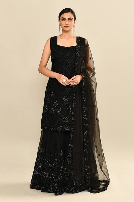 Shop Kalighata Black Organza Sequins, Cut Work Square Neck Embroidered Kurta Sharara Set Shop_Kalighata_Black Organza Sequins, Cut Work Square Neck Embroidered Kurta Sharara Set