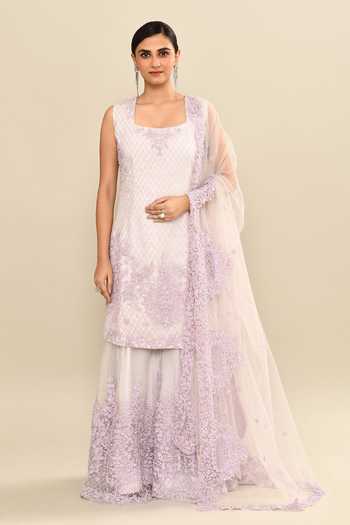 Kalighata_Purple Organza Sequins, Cut Work Lilac Floral Embroidered Kurta Sharara Set _Online_at_Aza_Fashions