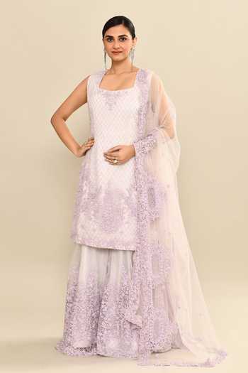 Buy_Kalighata_Purple Organza Sequins, Cut Work Lilac Floral Embroidered Kurta Sharara Set _Online_at_Aza_Fashions
