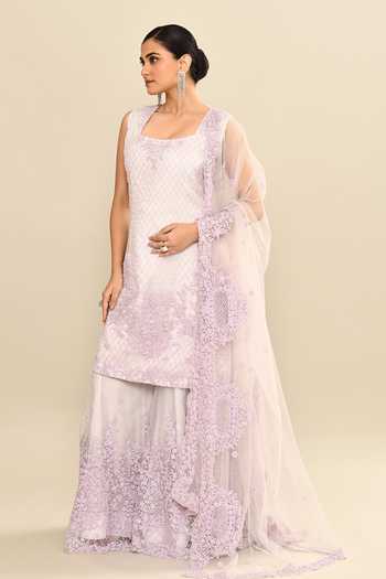 Shop_Kalighata_Purple Organza Sequins, Cut Work Lilac Floral Embroidered Kurta Sharara Set _Online_at_Aza_Fashions
