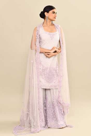 Kalighata_Purple Organza Sequins, Cut Work Lilac Floral Embroidered Kurta Sharara Set _at_Aza_Fashions