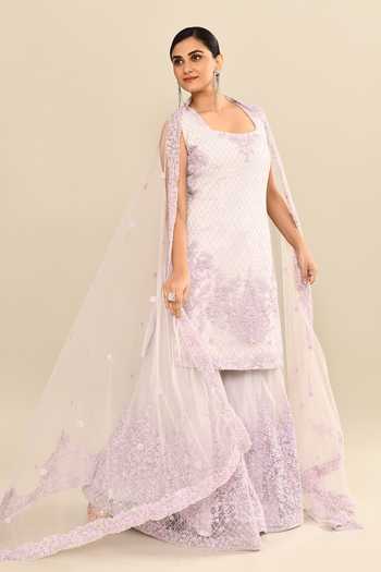 Buy_Kalighata_Purple Organza Sequins, Cut Work Lilac Floral Embroidered Kurta Sharara Set 