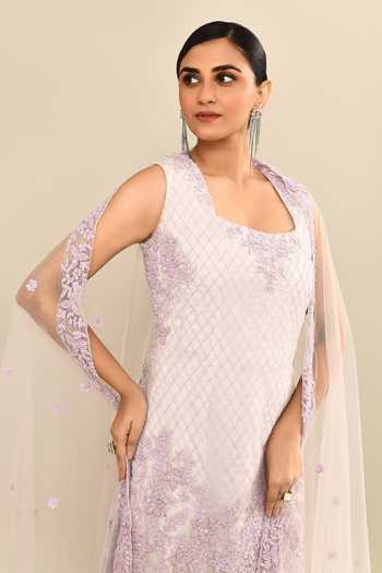 Shop_Kalighata_Purple Organza Sequins, Cut Work Lilac Floral Embroidered Kurta Sharara Set 