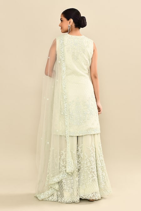 Kalighata Aqua Floral Embroidered Kurta Sharara Set 
